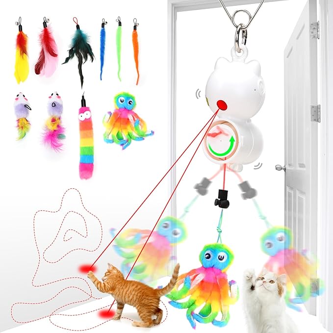 Interactive Cat Toys for Bored Indoor Cats Feather Toys Cat Enrichment for Bored Indoor Adult Cats Kittens-Enhanced with 10 Attachments Mice Rechargeable Auto-Swinging 3in1 Door-Mounted Cat Toy-Mewly Pet