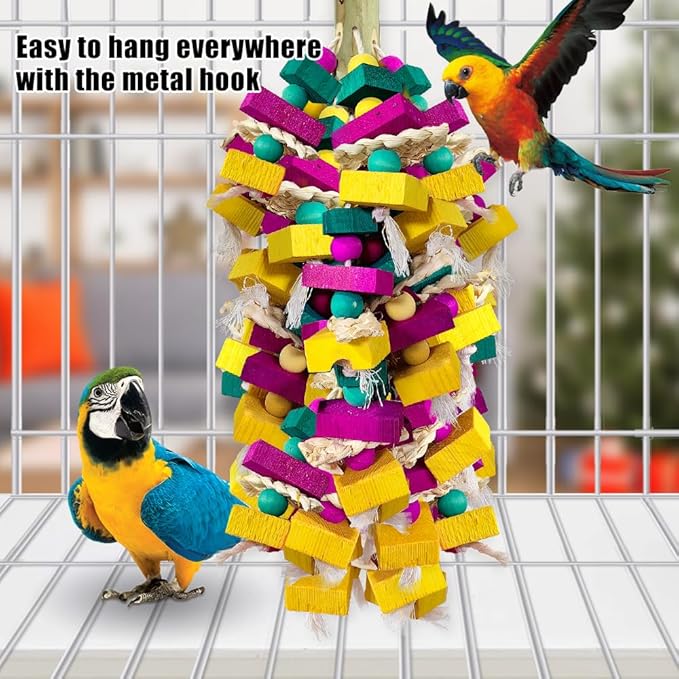 Large Bird Toys, Multi-Color Wooden Block with Bamboo Support Bird Chewing Toy Parrot Cage Bite Toy for Macaws Cokatoos African Grey and Large Medium Parrot Birds-Mewly Pet