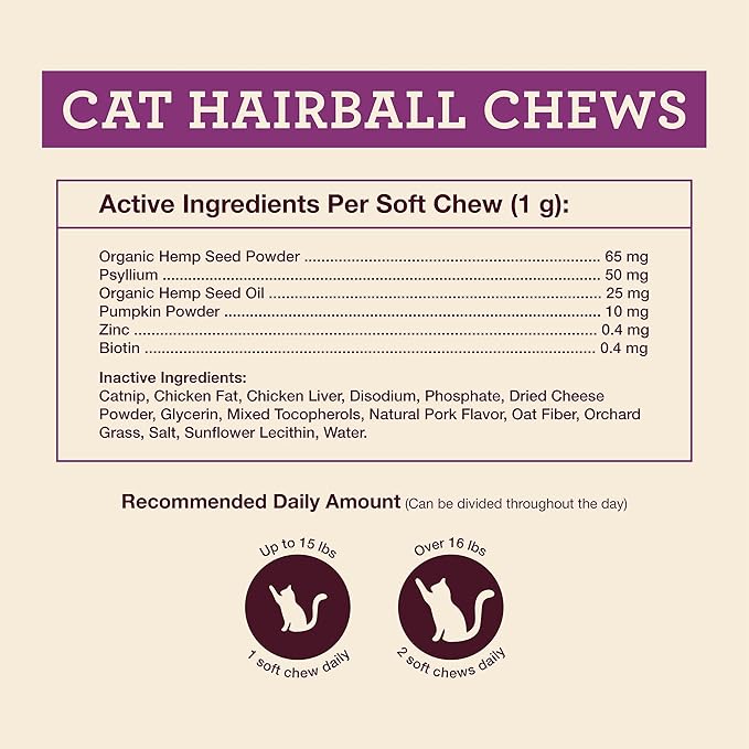 Hemp Well Cat Hairball Soft Chews for Cats, Organic USA Grown, Chicken Cheese & Catnip Flavor!-Mewly Pet