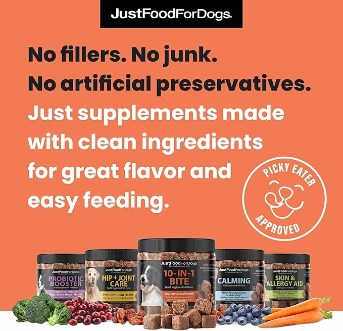 JustFoodForDogs 10-in-1 Multifunctional Supplement Chews for Dogs, Superfood Blend, Glucosamine, Omega-3 Fatty Acids, Skin Health, Joint Health, Probiotics, Plant-Based, Human Grade - 45 Count-Mewly Pet