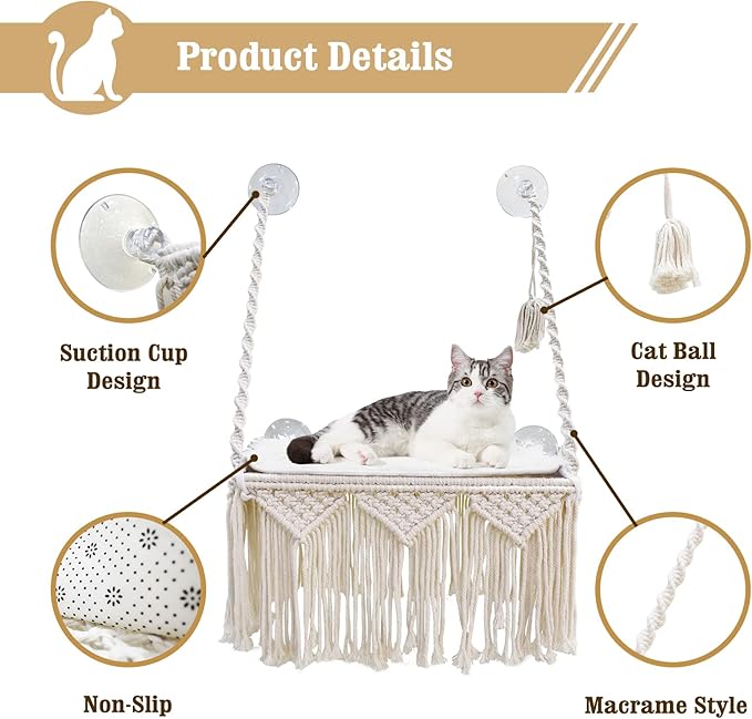 Cat Window Perch Macrame Cat Hammock Boho Wall Mounted Pet Resting Seat Bed for Sunbathing, Napping & Overlooking with 4 Seat Suction Cups & Fleece Blanket & Knitted Ball Toy - Weighted up to 35lbs.-Mewly Pet