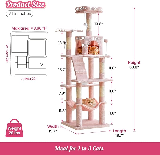 MWPO 63.8-Inch Pink Cat Tree for Indoor Cats, Multi-Level Cat Tower with Sisal-Covered Scratching Posts, Padded Platform, Hammock, Dangling Toys, Stable Cat Condo Pet Play House-Mewly Pet