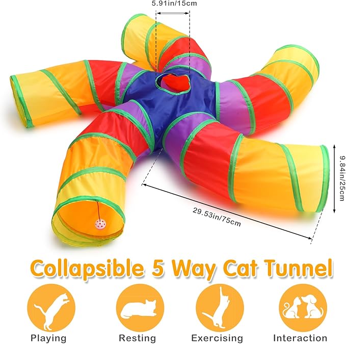 Poen 21 Pcs Cat Tunnel for Indoor Set Collapsible 5 Way Tubes with 20 Pcs Cat Kitten Toys Interactive Feather Toy Mouse Crinkle Balls Tube for Puppy Kitten Rabbit(Colorful)-Mewly Pet