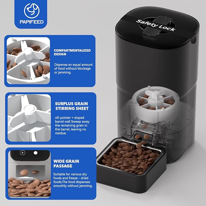 PAPIFEED 2.4G WiFi Automatic Cat Feeder, 6L/25Cup Automatic Pet Feeder with APP Control for Remote Feeding, Detachable for Easy Clean, Cat Food Dispenser with Alexa,1-10 Meals Per Day for Dog, Black-Mewly Pet