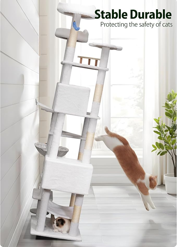 85in Tall Cat Tower for Heavy Duty Big Cats, Large Cat Tree with Scratching Post, Plush Perches, Cozy Cat Condos & Hanging Hammocks for Maine Coon, White-Mewly Pet