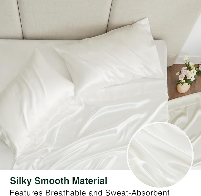 Love's cabin Satin Queen Sheets Set - 4 Piece Ivory Silky Bed Sheets with Deep Pocket, Luxury Silk Feel Satin Queen Size Sheet Set (1 Flat Sheet,1 Fitted Sheet,2 Pillow Cases)