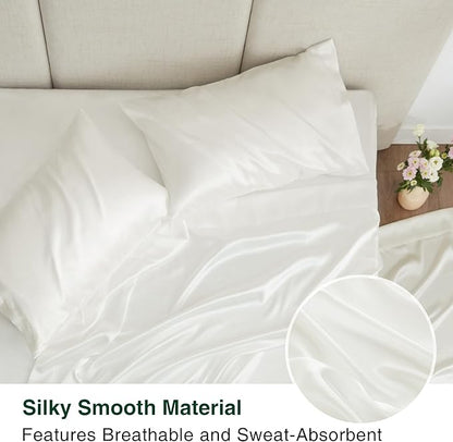 Love's cabin Satin King Sheet Sets - 4 Piece Ivory Silky Sheets King Size Bed Set with Deep Pocket, Luxury Silk Feel King Size Satin Sheet Set (1 Flat Sheet,1 Fitted Sheet,2 Pillow Cases)