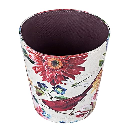 Leather Trash Can, Retro Decorative Waste Basket, 10L Capacity Small Waste Paper Basket, Waterproof Garbage Can for Bathroom, Bedroom, Office, Kitchen and Living Room - Red Bird