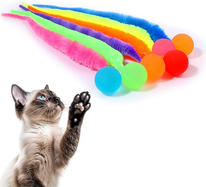 6 Pcs Bouncy Ball for Cats, Colorful Fuzzy Bouncy Cat Worm Toy Ball Fuzzy Worms (Balls Colors are Random)-Mewly Pet