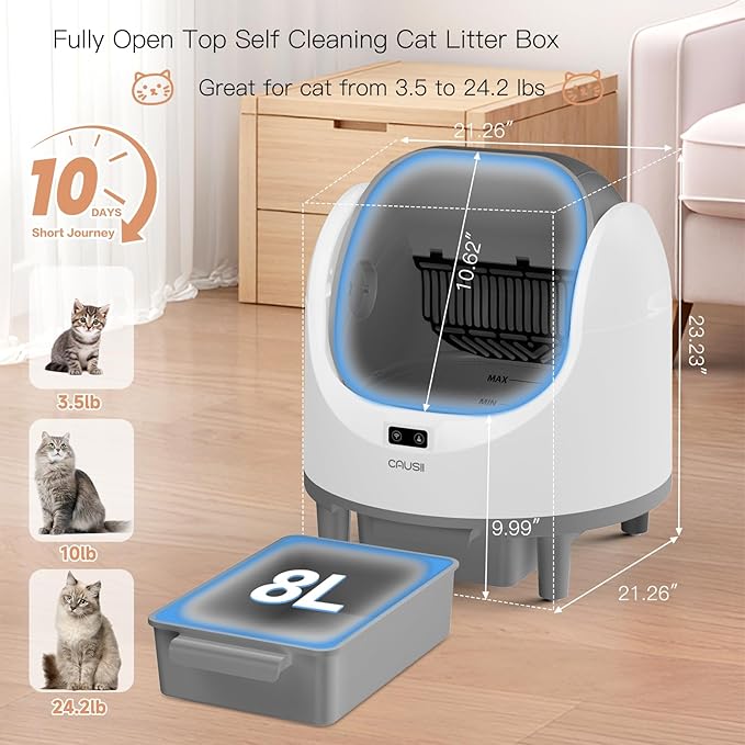 Automatic Litter Box, [Safe Anti-Pinch] CAUSII Large Capacity Self-Cleaning Cat Litter Box for Multiple Cats, App Control, Quiet & Odor-Free,for 3.5-24.2LB, with 30PCS Garbage Bags,Litter Mat-Mewly Pet