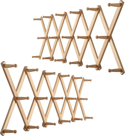 WEBI Accordion Wall Hanger,Expandable Wooden Hat Rack for Wall Mounted Coat Rack,Accordion Hat Hooks Holder for Baseball Caps,17 Peg,Natural,2 Packs