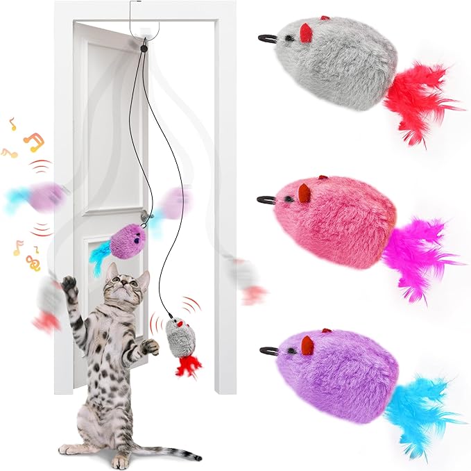 Hanging cat Toys mice with Squeaky Sound 3PCS, Retractable Teaser Toy, Interactive cat Toys for Indoor Bored Kitten Self Play Chase Exercise, Mental Physical Stimulation for All Breeds-Mewly Pet