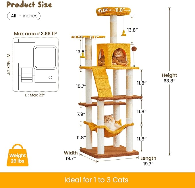 MWPO Cat Tree, 63.8-Inch Cat Tower for Indoor Cats, Multi-Level Cat Condo with 5 Scratching Posts, 2 Perches, Hammock, Dangling Toys, Yellow-Mewly Pet