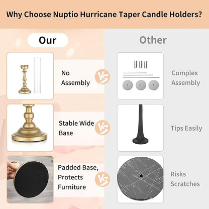 NUPTIO Hurricane Candle Holder for Centerpiece: Set of 3 Gold Candlestick Holders with Glass Shade - Vintage Taper Candleholder for Christmas Dining Table Fireplace Mantle Decor