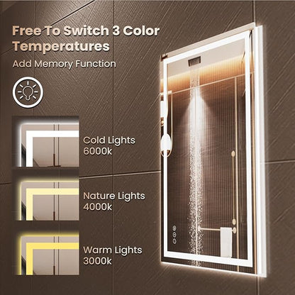 36"X36" LED Bathroom Mirror with Front Lights and Backlit, Anti-Fog, Dimmable, Shatter-Proof Tempered Glass, Lighted Bathroom Vanity Mirror for Wall with 3 Colors, Memory Function