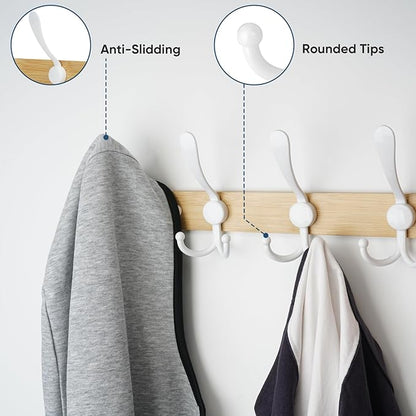 TICONN Wall Mounted Coat Rack, Five Heavy Duty Tri Hooks All Metal Construction for Jacket Coat Hat in Mudroom Entryway (Wood White, 2-Pack)