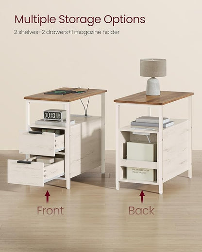 VASAGLE Side End Table with Charging Station, Slim Nightstand with 2 Drawers, Narrow Bedside Table for Living Room, Small Spaces, Honey Brown and Rustic White ULET321W01S