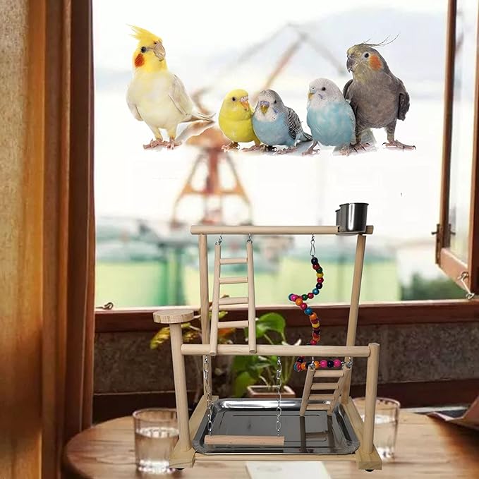 Parrots Playground, Bird Play Gym Wood Perch Stand Colours Revolving Climb Ladders Swing Chewing Toys with Parakeet Feeding Cups Exercise Activity Center for Conure Cockatiel Lovebirds(Include a Tray)-Mewly Pet
