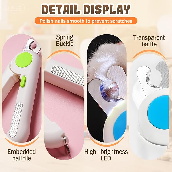 Pets Nail Clippers with Light, Cat Dog Nail Clippers with Built-in Nail File, Sharp Blades, Portable Cat Nail Clipper, Cats Claw Trimmer, Adjustable Claw Clippe for Cats (Style B)-Mewly Pet