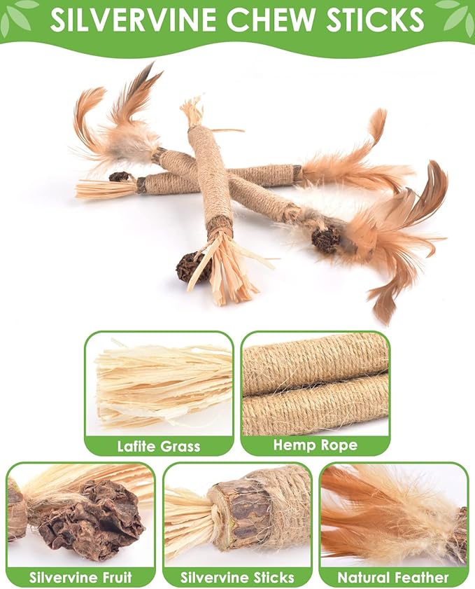 TINDTOP Silvervine Sticks for Cats with Natural Feather, Catnip Chew Toys for Kittens Teeth Cleaning, Increase Appetite, Calm Cat Anxiety and Stress, Cat Dental Toy (3 Pack)-Mewly Pet