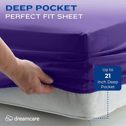 DREAMCARE Twin XL Sheet Sets - 4pc Cooling Sheets XL Twin Sheets - up to 21” Deep Pocket – Hotel Luxury Extra Long Twin XL Bed Sheets 100% Brushed Microfiber with Side Pocket - Purple