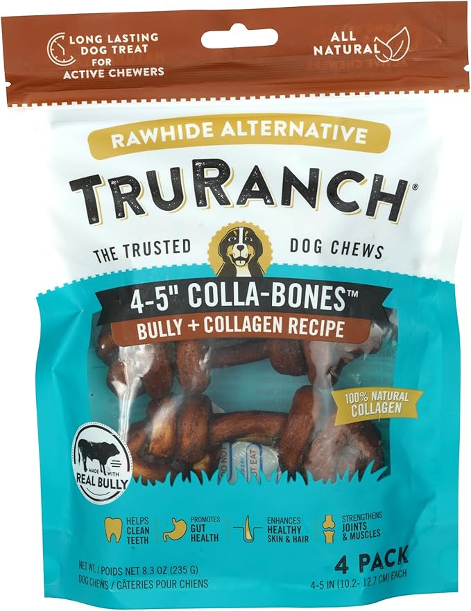 4-5" Collagen Bones, Bully - Collagen Dog Bones - Long Lasting Healthy Joint Support Dog Treat - Rawhide Alternative - Skin & Coat Health, 1 Bag, 4 Count-Mewly Pet