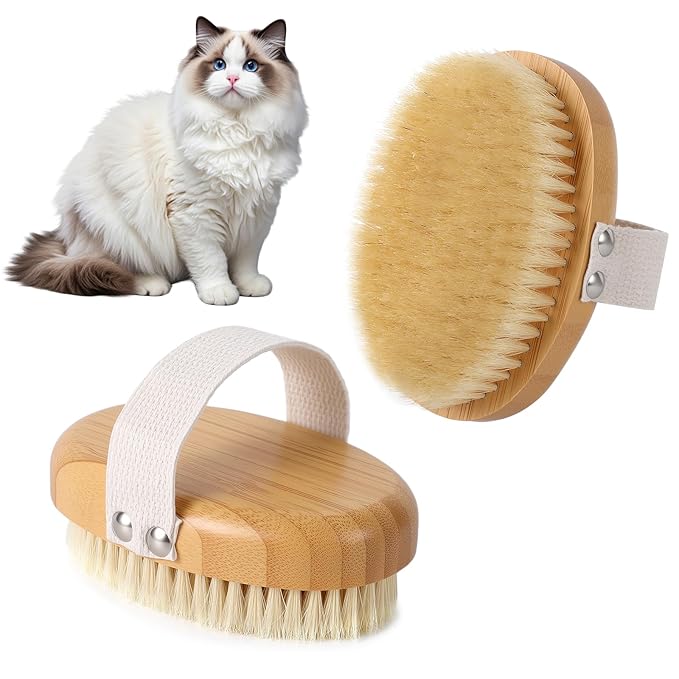 Boar Bristle Cat Brush for Indoor Cats, Cat Hair Brush Gentle Grooming, Reduce Shedding, Soft Hair and Healthy Shine, Bamboo Handheld with Soft Boar Bristles and Band for Short Haired Cats Dogs-Mewly Pet
