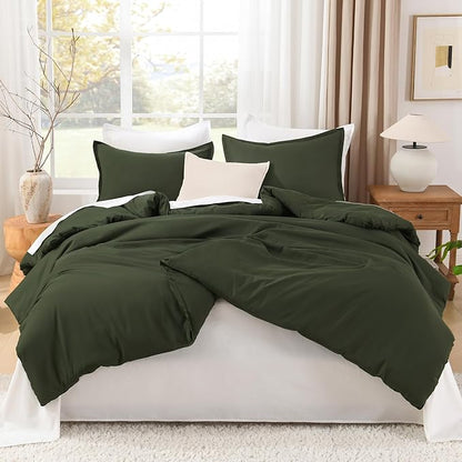 Litanika Dark Olive Green Comforter Set Full, 3 Pieces Solid Bedding Comforter Set, All Season Fluffy Bed Set (79x90In Comforter & 2 Pillowcases)