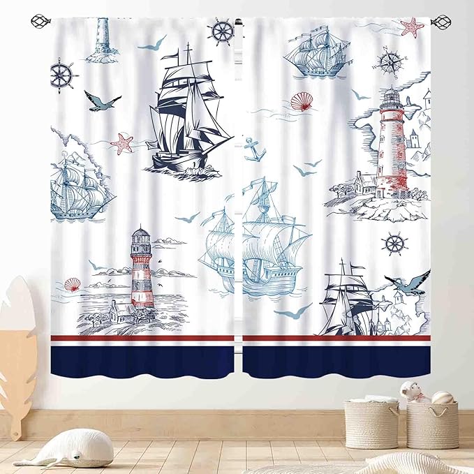 Nautical Curtains, Vintage Marine Coastal Sailboat Compass Anchor Ocean Beach Lighthouse Watercolor Blue Decorative Drapes for Bedroom Living Room Kitchen Bathroom Window 2 Panels, 42"x54" Inch