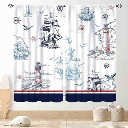 Nautical Curtains, Vintage Marine Coastal Sailboat Compass Anchor Ocean Beach Lighthouse Watercolor Blue Decorative Drapes for Bedroom Living Room Kitchen Bathroom Window 2 Panels, 55"x63" Inch