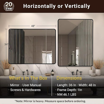 ANDY STAR 48X36 Inch Black Bathroom Mirror, Matte Black Vanity Mirrors for Wall, Rounded Rectangle Mirror for Bathroom, Seamless Tube Metal Frame, 1’’ Deep Wall Mounted Vertical/Horizontal
