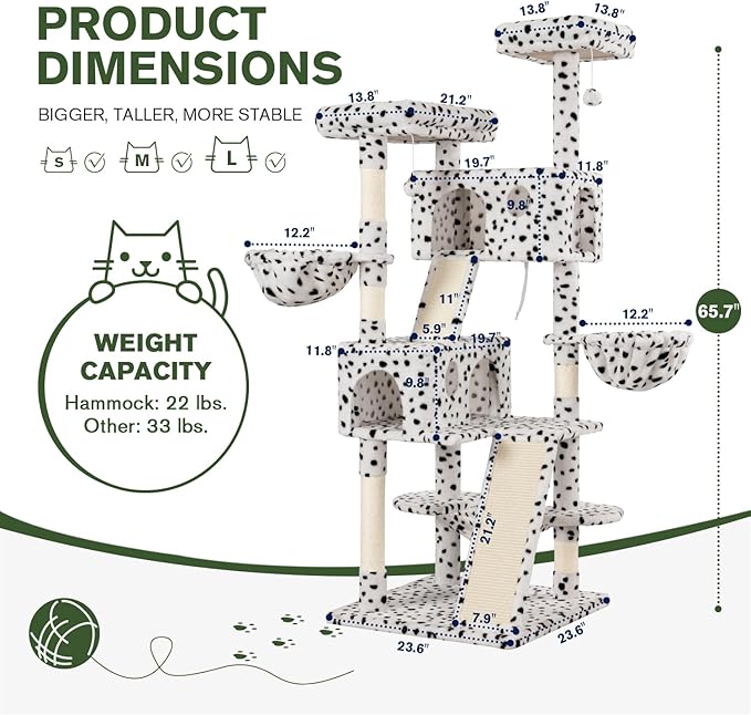 MUTICOR 66 Inches Multi-Level Large Cat Tree Tower for Indoor Big Feline/Cozy Plush Perches/Condo/Sisal Scratching Posts/Hammock and Baskets/Activity Center Play House/Wide Base/White & Black Spot-Mewly Pet