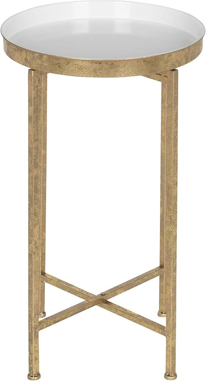 Kate and Laurel Celia Round Metal Foldable Tray Accent Table, White with Gold Base