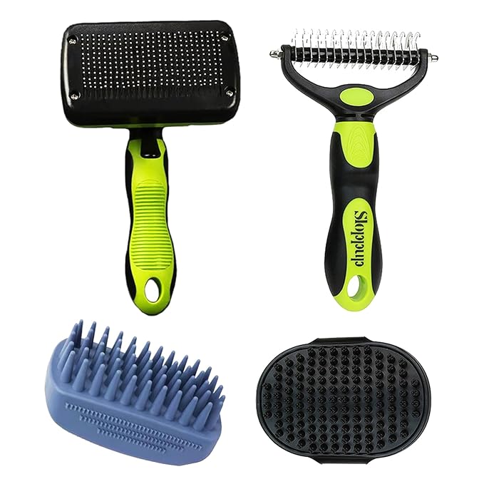 Dog Brush Kit for Grooming Short & Long Haired Dogs & Cats, 4-in-1 Pet Grooming Set with Self-Cleaning Slicker Brush, Deshedding Tool, Shampoo Bath Comb, Massge Comb (Green Black)-Mewly Pet
