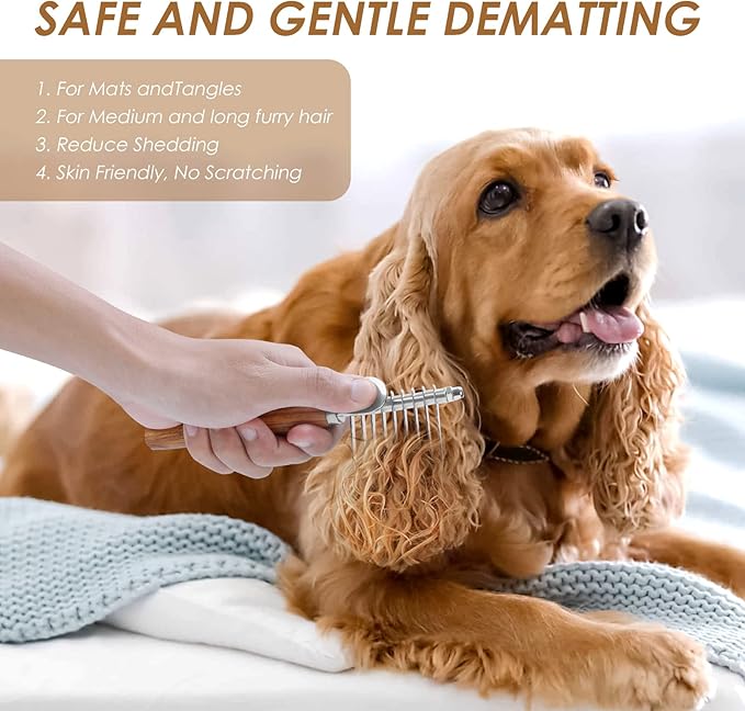 Dog Dematting Comb with Wooden Handle & Detangling Brush - Stainless Steel Undercoat Rake for Long & Thick Haired Dogs & Cats, Professional Grooming Tool for Deshedding and Matted Fur Removal-Mewly Pet
