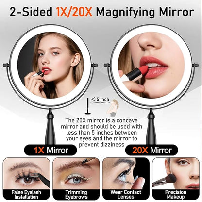 Makeup Mirror with Lights, 20X Magnifying Mirror with Light for Women, 5000 mAh Vanity Mirror with Lights and 3 Colors, 2-Sided Lighted Magnified Mirrors for Delicate Makeup, 9 Inch, Black