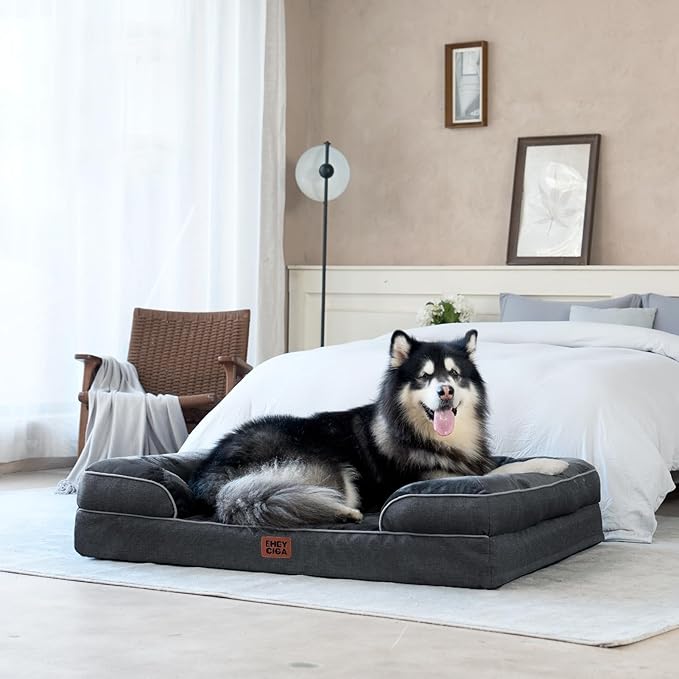 EHEYCIGA Orthopedic Dog Beds for Large Dogs, Waterproof Memory Foam Large Pet Bed with Sides, Non-Slip Bottom and Egg-Crate Foam Dog Couch Bed with Washable Removable Cover, Dark Grey-Mewly Pet