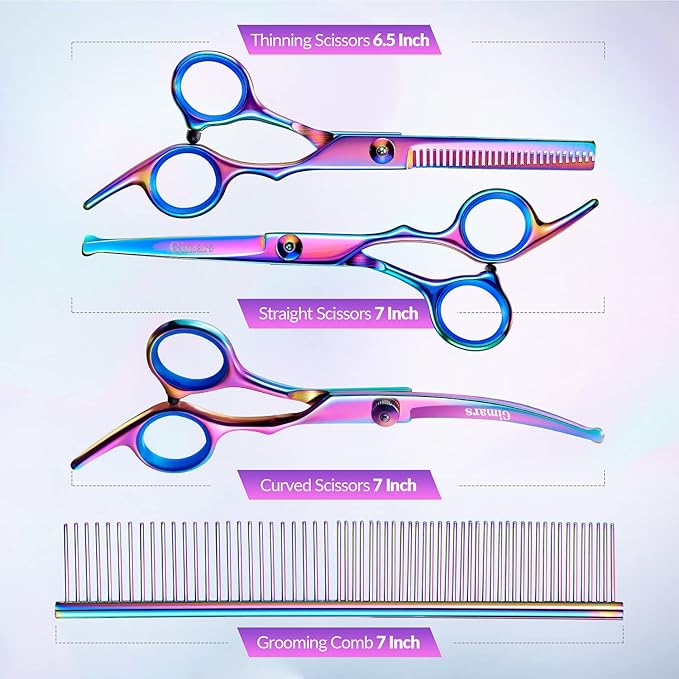 Gimars Dog Grooming Scissors Kit Professional 4CR with Safety Round Tip, 5 in 1 Heavy Duty Titanium Coated Thinning & Curved & Straight Shears-Mewly Pet