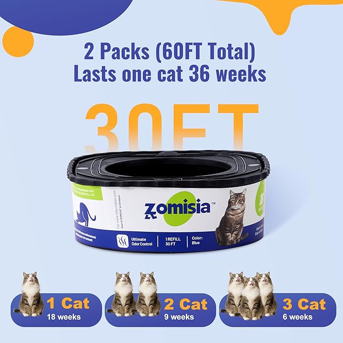 2 Pack Cat Litter Refill Bags, Non-See-Through Jumbo 60FT Cartridge Refill Total Up to 36 Weeks (Over 8 Months) Per Cat for Odor Control, Compatible with Genie Standard, Plus, Style-Mewly Pet