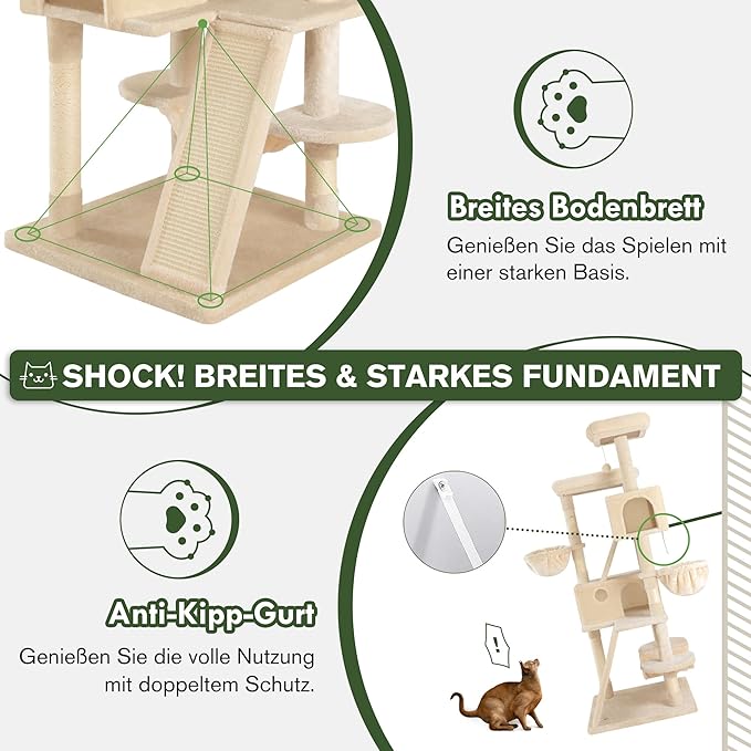 MUTICOR 66 Inches Multi-Level Large Cat Tree Tower for Indoor Big Feline/Cozy Plush Perches/Condo/Sisal Scratching Posts/Hammock and Baskets/Activity Center Play House/Wide Base/Beige-Mewly Pet