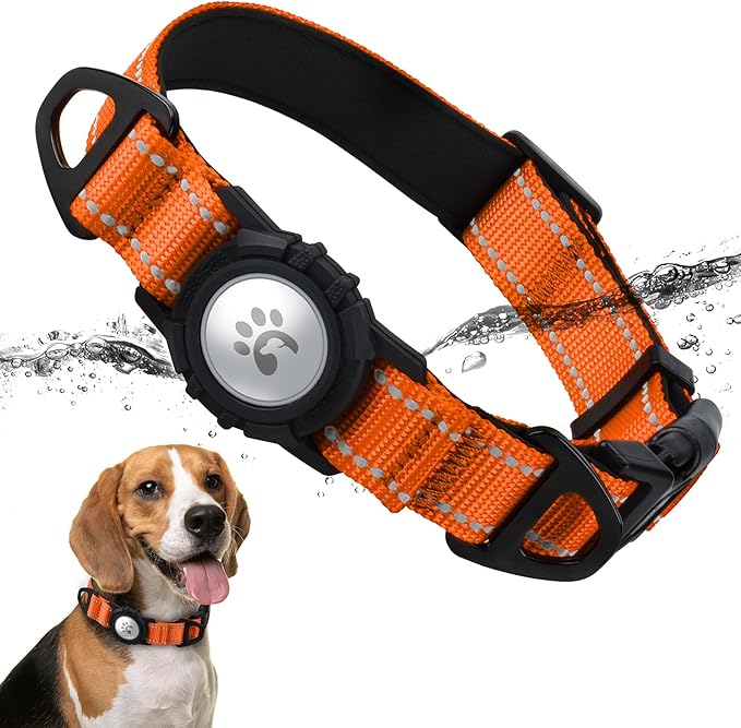 TagME Airtag Dog Collar,Waterproof Reflective Pet Collar with Airtag Holder,Soft Padded and Double D-Rings for Medium Dogs,Orange-Mewly Pet