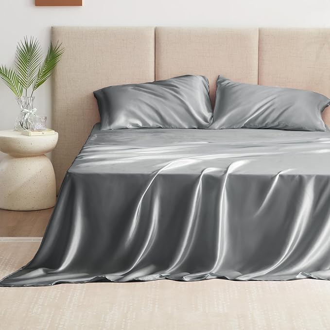 Love's cabin Twin XL Satin Sheet Sets - 3 Piece Dark Grey Silky Bed Sheets with Deep Pockets, Luxury Silk Feel Satin Sheet Set Twin XL (1 Flat Sheet,1 Fitted Sheet,1 Pillow case)