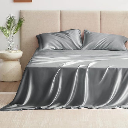 Love's cabin Full Size Satin Sheet Sets - 4 Piece Dark Grey Silky Sheet with Deep Pocket, Luxury Silk Feel Satin Bed Sheets Full Bedding Set (1 Flat Sheet,1 Fitted Sheet,2 Pillow Cases)