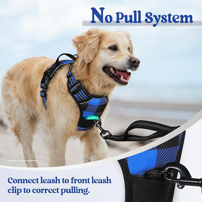 rabbitgoo Dog Harness No Pull with 2 Leash Clips, Adjustable Soft Padded, Reflective Oxford No Choke Pet Vest with Easy Control Handle for Large Dogs, Blue Plaid, XL-Mewly Pet