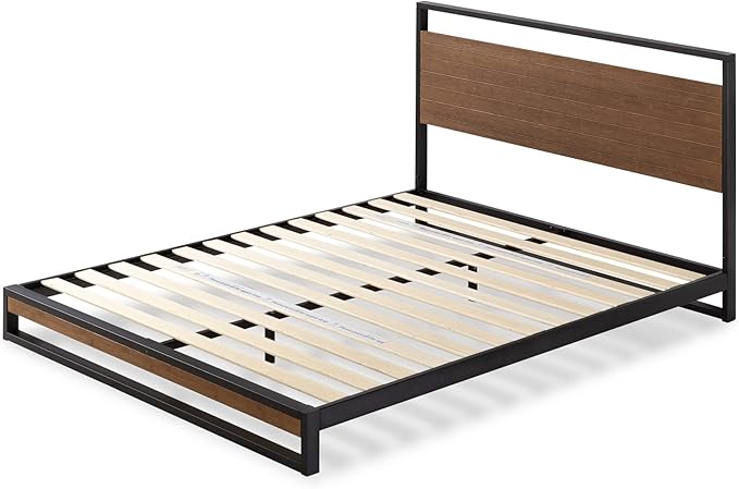 ZINUS Suzanne Bamboo and Metal Platform Bed Frame, 7-Inch Low Profile, Solid Steel Construction, No Box Spring Needed, Wood Slat Support, Easy Assembly, Chestnut Brown, Queen