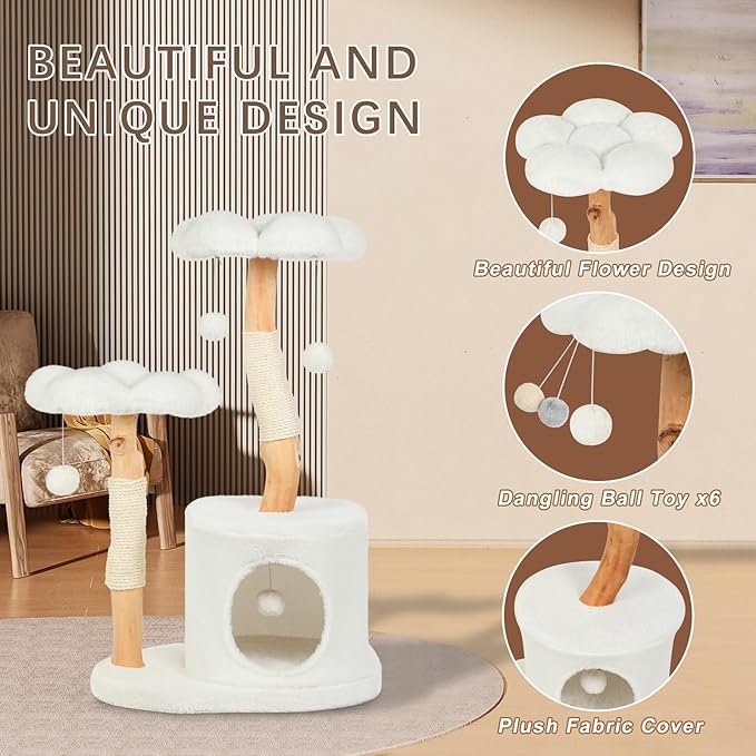 Cute Cat Tree Tower for Indoor Cats Adult, Wood Flower Cat Trees with 6 Pompoms, Modern Cat Tree Tower with Scratching Post, Aesthetic Luxury Cat Condo for Cats Kitten, Alpine White-Mewly Pet