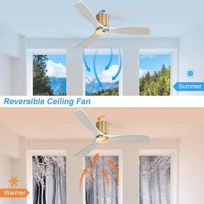 Sofucor 52 Inch Ceiling Fan No Light, Flush Mount Ceiling Fans with Remote, Solid Wood Indoor/Outdoor Ceiling Fans Without Lights, Reversiable DC Motor, Modern Ceiling Fan for Bedroom Farmhouse Patio