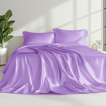 Love's cabin Twin XL Satin Sheet Sets - 3 Piece Lavender Silky Bed Sheets with Deep Pockets, Luxury Silk Feel Satin Sheet Set Twin XL (1 Flat Sheet,1 Fitted Sheet,1 Pillow case)