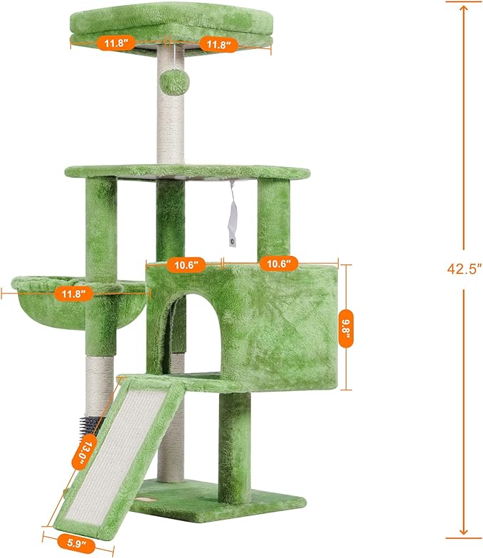 Heybly Cat Tree with Cat Self Groomer Brush, Cat Tower Condo for Indoor Cats with Padded Plush Perch, Cat House with Basket Scratching Board Post, Green HCT005SGR-Mewly Pet