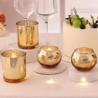 20 Pcs Assorted Gold Votive Candle Holders Bulk, Larger Size Mercury Glass Votives with Round Candle Holder for Wedding Decorations, Tealight Candle Holder for Gold Party Table Centerpieces